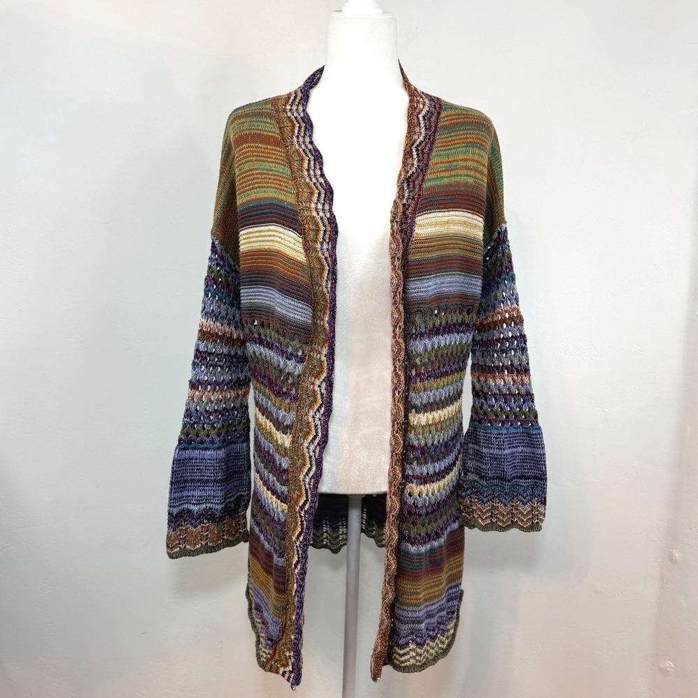 Soft Surroundings Crochet Knit Cardigan Bell Sleeve M Multicolor Boho Hippie